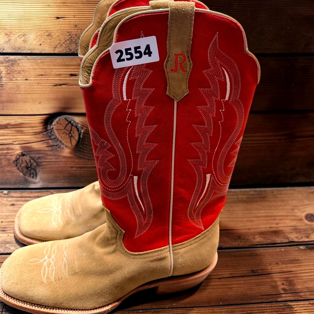 R. Watson Mens 12 EE Handcrafted Tan Suede Red Leather Cowboy Boots 8207 2 - Picture 15 of 15
